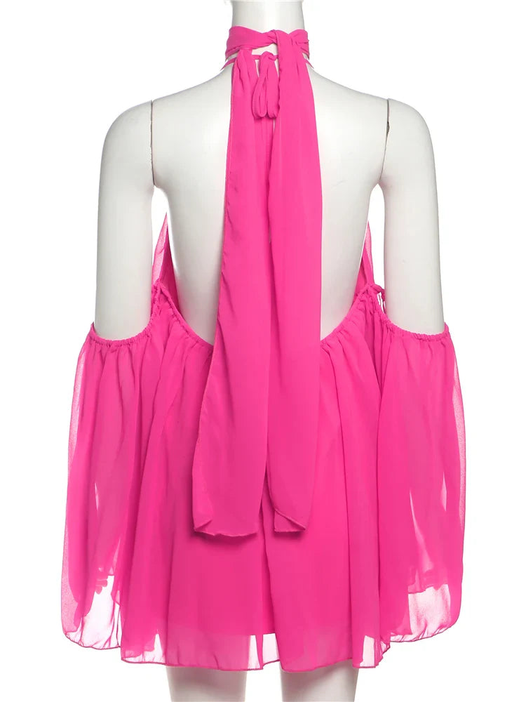 Frill Off-shoulder Long Sleeve Chocker Mini Dress