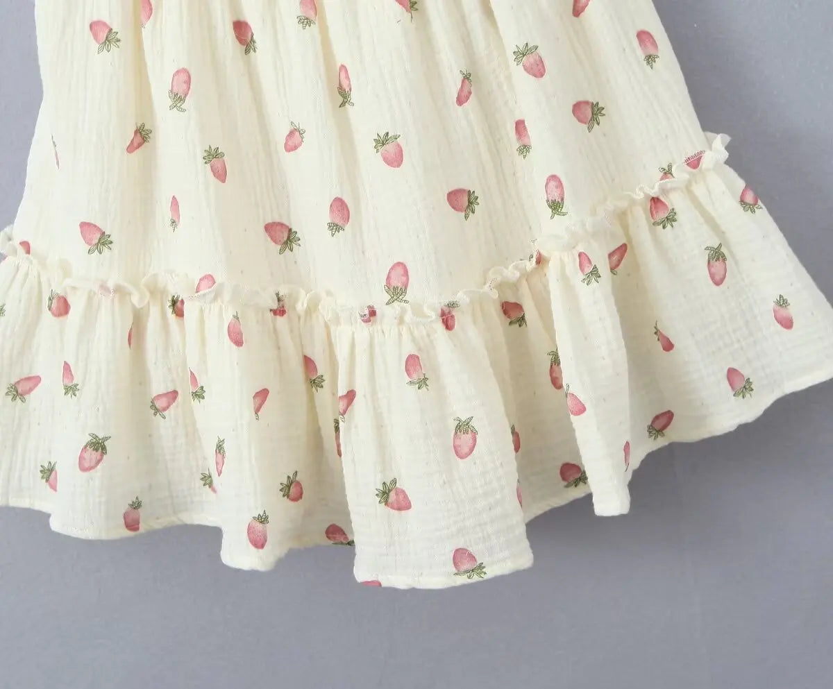 Beige Strawberry Print Tie Strap Mini Dress