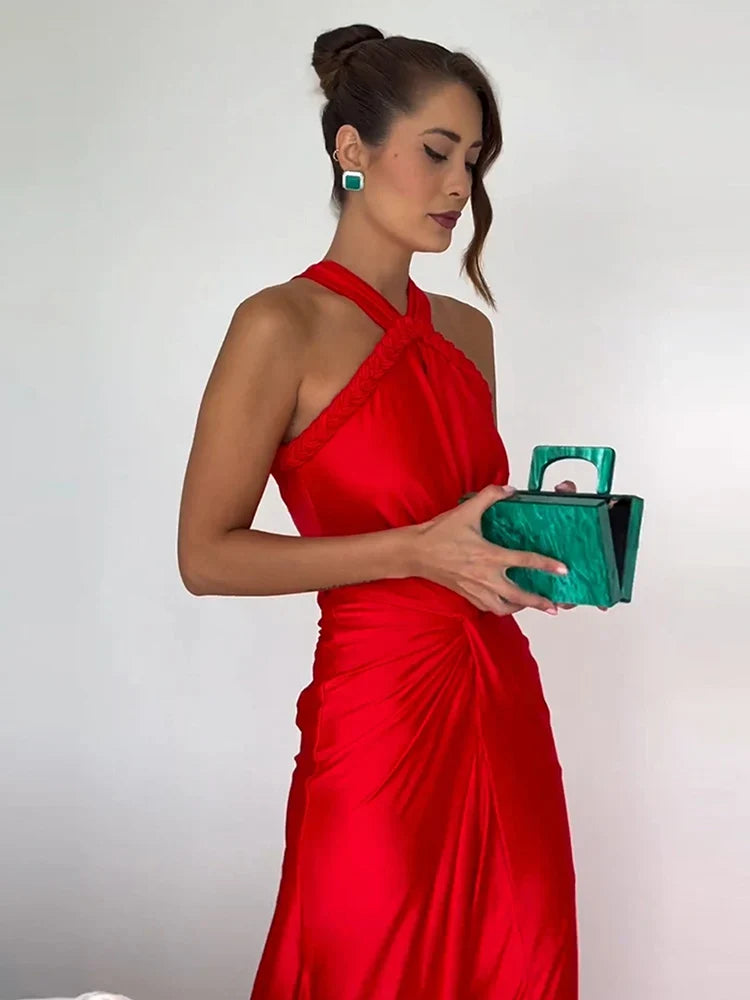 Braided Strap Satin Twisted Maxi Dress