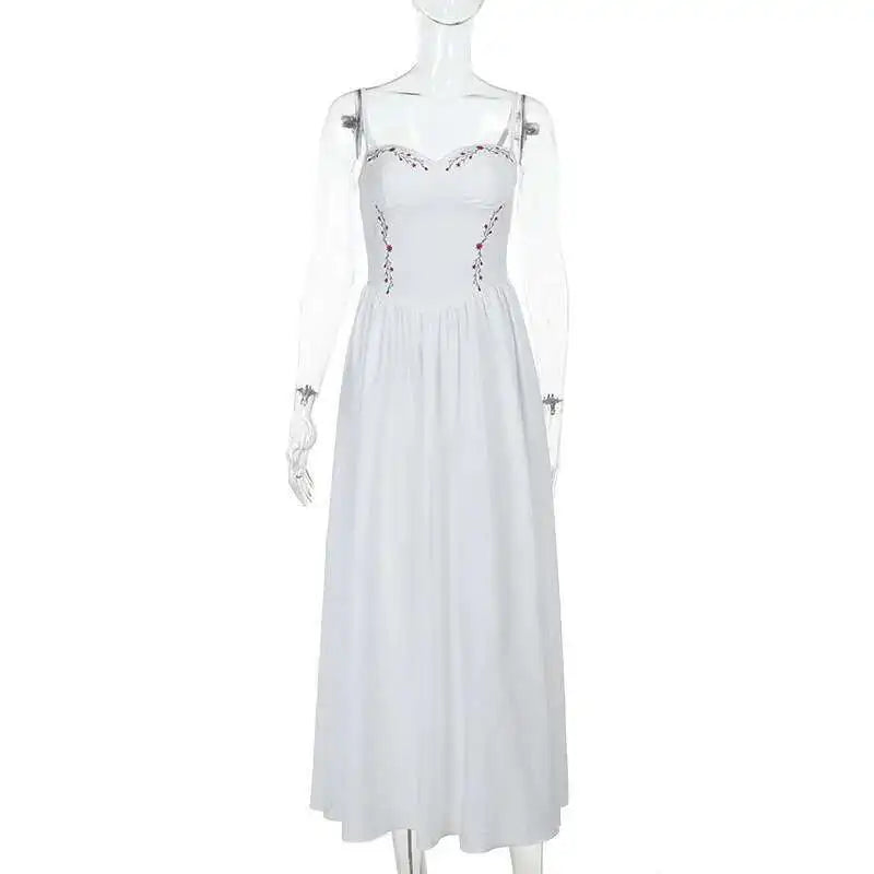 White Floral Embroidered Midi Bustier Dress