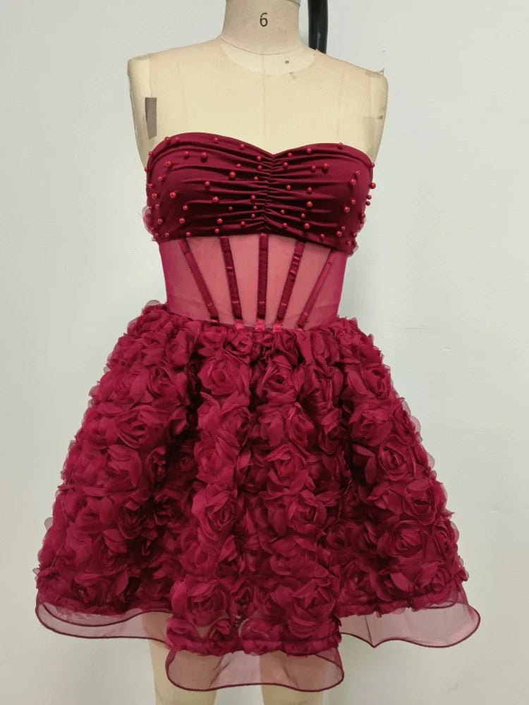 Red Mesh 3d Floral Frill Beaded Strapless Mini Dress