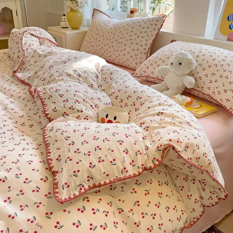 Ins Bedding Set Purple Love Stripe Double Layer Yarn Four Piece Dormitory Girl Heart Bed Sheet And Quilt Set Washed Cotton