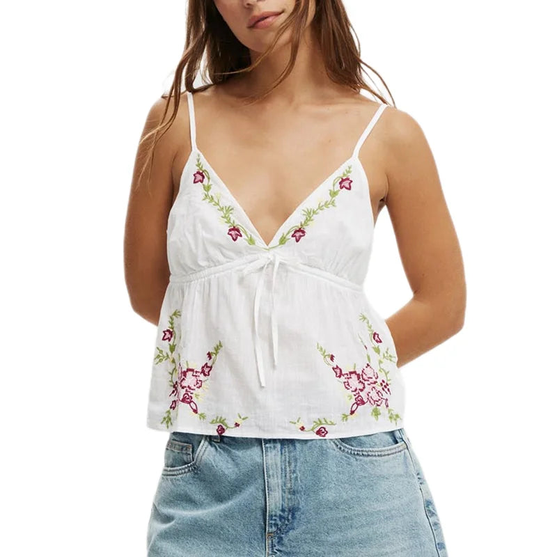 White Embroidery Flower Drawstring Top
