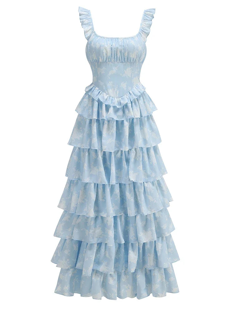 Blue Ruffles Layered Maxi Dress