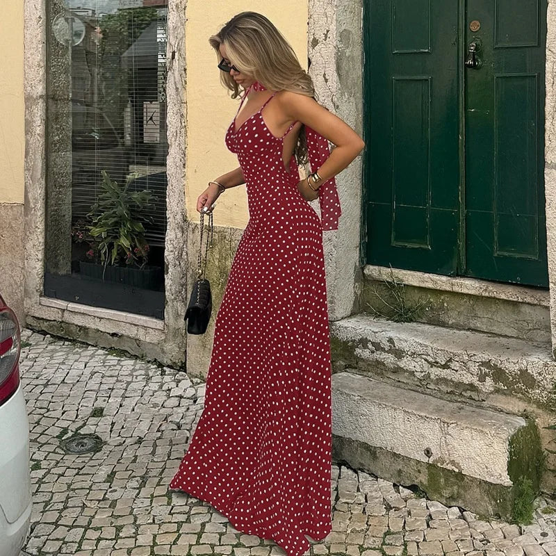 Scarf Spaghetti Strap Polka Dot Maxi Dress