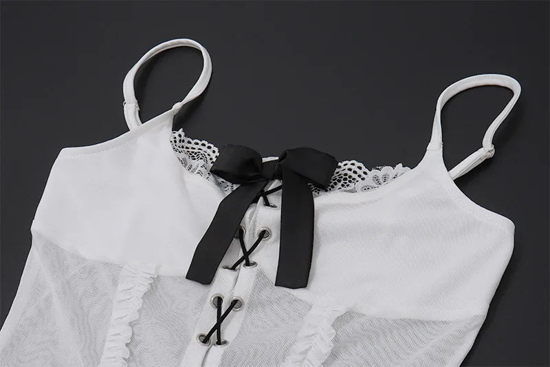 White Bow Lace Up Sheer Mini Dress