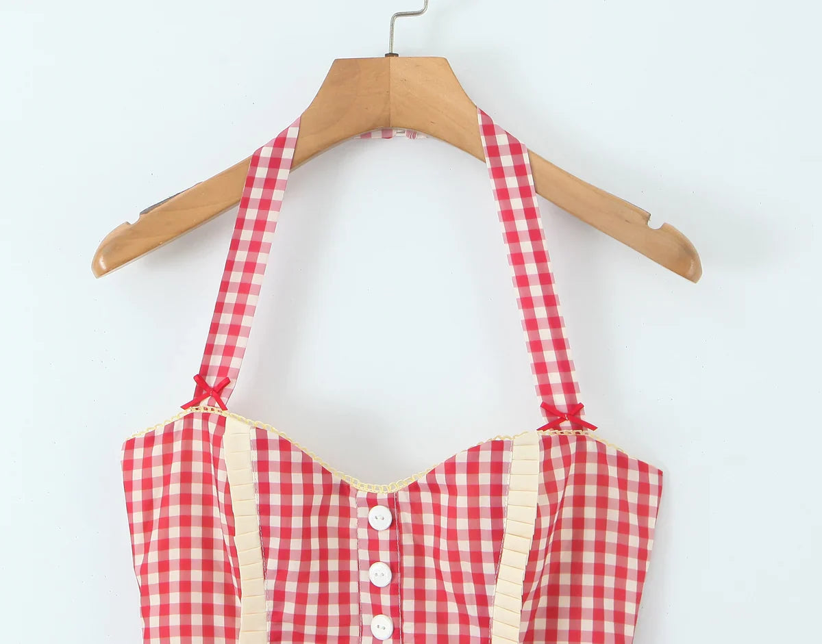 Red Plaid Print Heart Shaped Pocket Halter Mini Dress