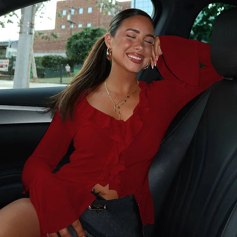 V-Neck Ruffled Long Sleeve Top