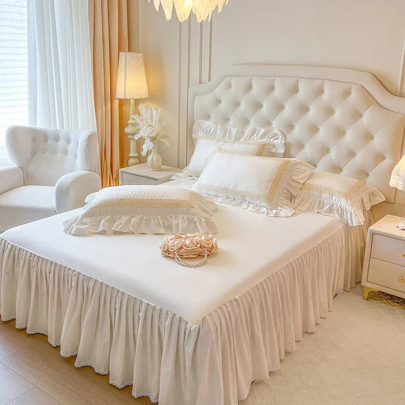 4/6Pcs Vintage French  Double Layer Ruffles Princess Wedding 100% Cotton Bedding Set Duvet Cover Bed Skirt Bedspread Pillowcases