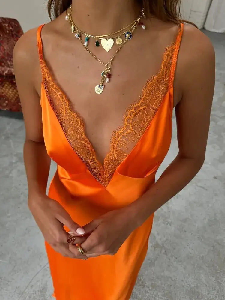 Strap Satin V-neck Long Dress