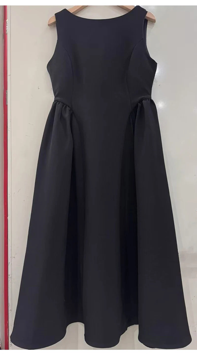 Solid Round Neck Waist A-line Sleeveless Midi Dress