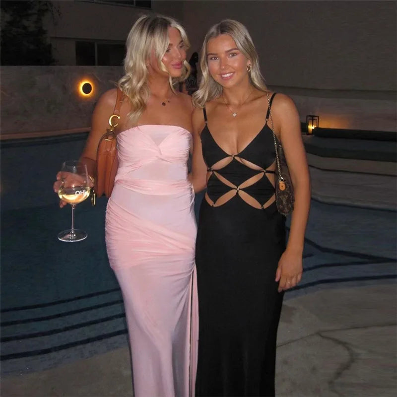 Strapless Pink Tie Up Mesh Midi Dress