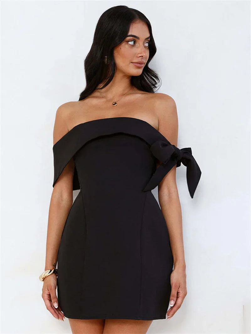 Off-shoulder Tie Up Solid Mini Dress