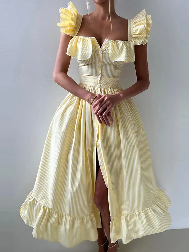 Ruffles Striped Square Collar Buttoned Long Dress