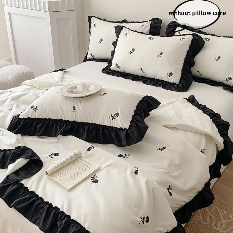 3pcs Rose embroidery Lace Quilt, pillowcase Single Double Summer Air Conditioning Throw Blanket Nap Blanket Thin Quilt