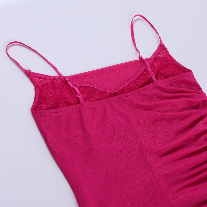 Mesh Pink Ruched Bodycon Strap Midi Dress