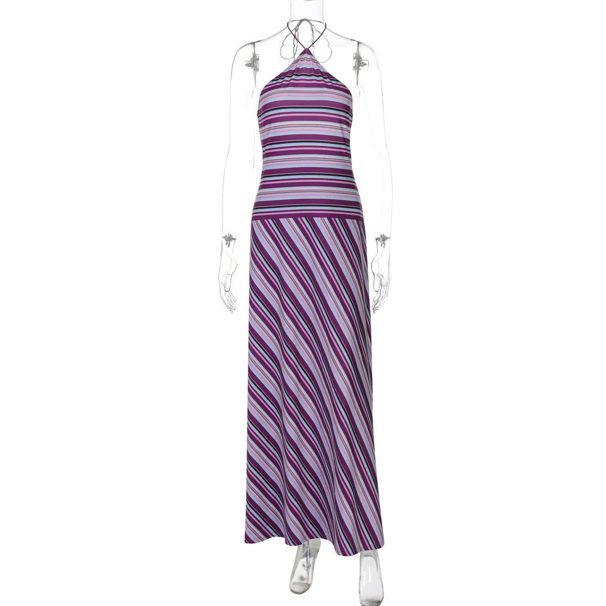 Purple Striped Halter Print Maxi Dress