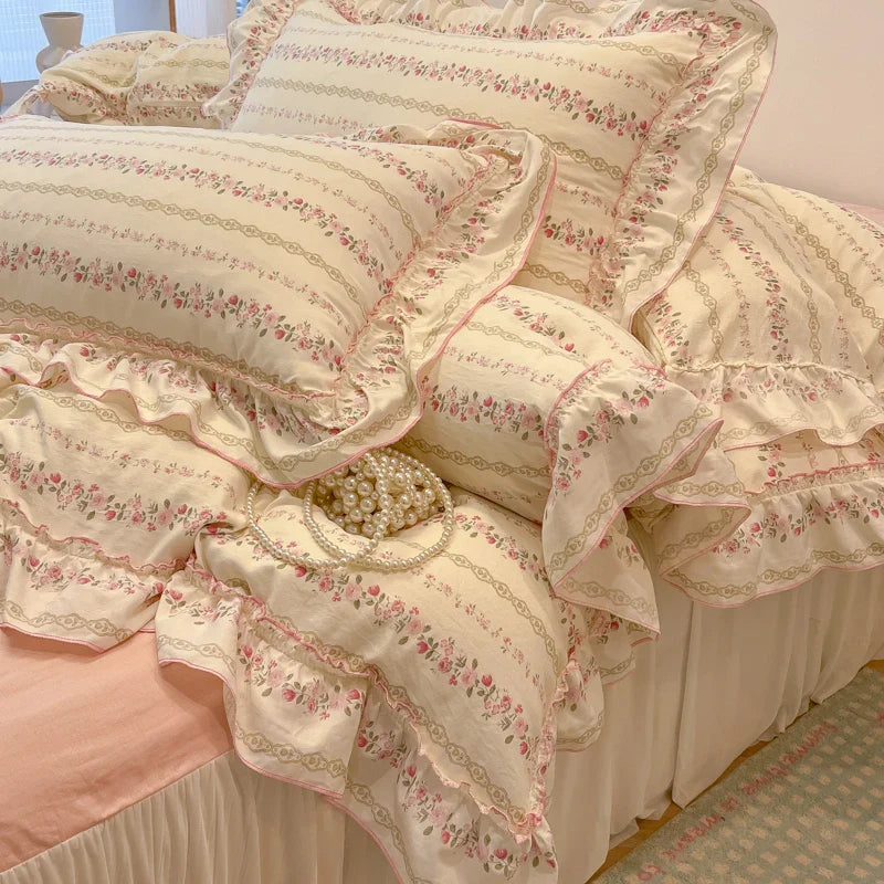 2/3Pc Korean Princess Style Floral Ruffles Bedding Set Single Queen Size Soft Skin-friendly Washed Cotton Duvet Cover Pillowcase