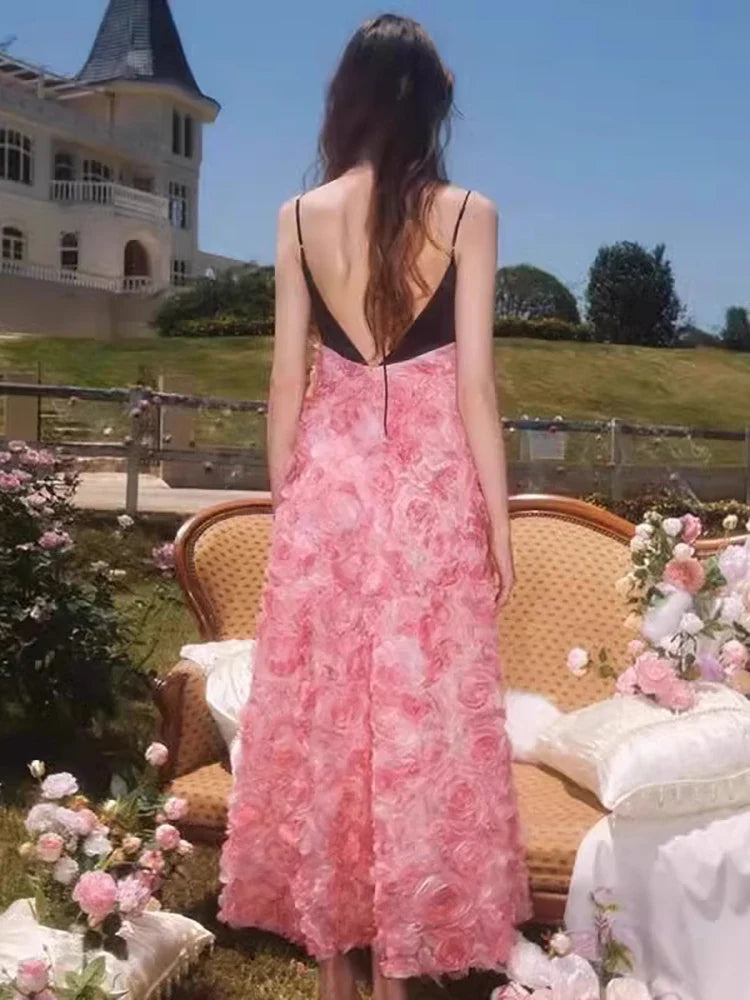 Pink 3d Floral Straight Midi Dress