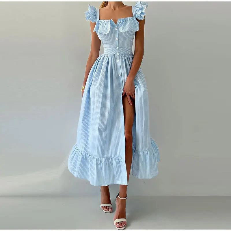Ruffles Striped Square Collar Buttoned Long Dress