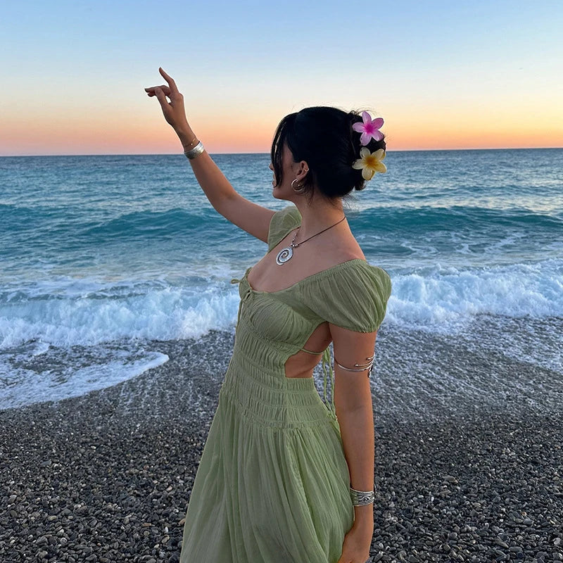 Green Open Back Short Sleeve Maxi Dress