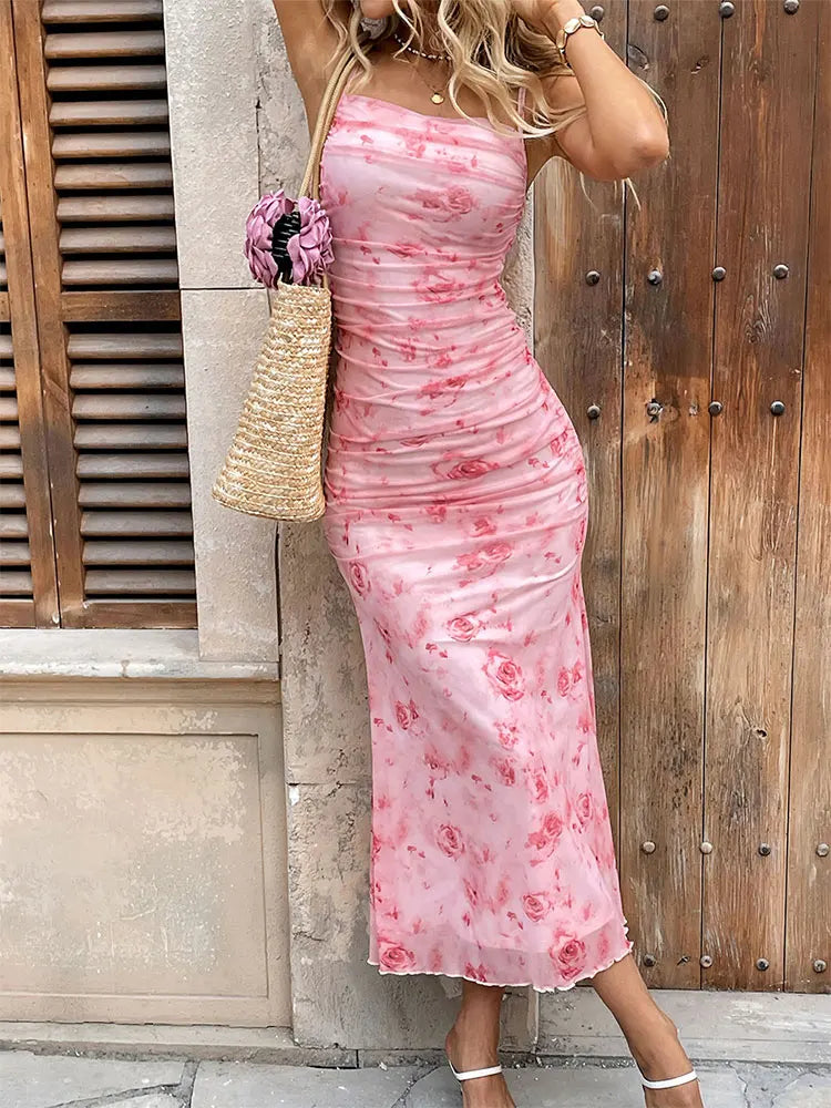 Pink Rose Printed Ruched Midi Dress
