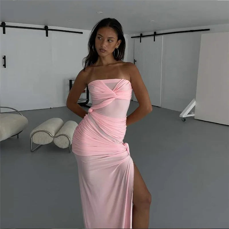 Strapless Pink Tie Up Mesh Midi Dress