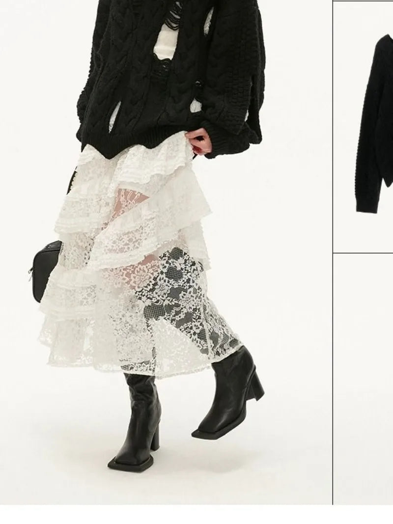 White Lace Layer Tulle Midi Skirt