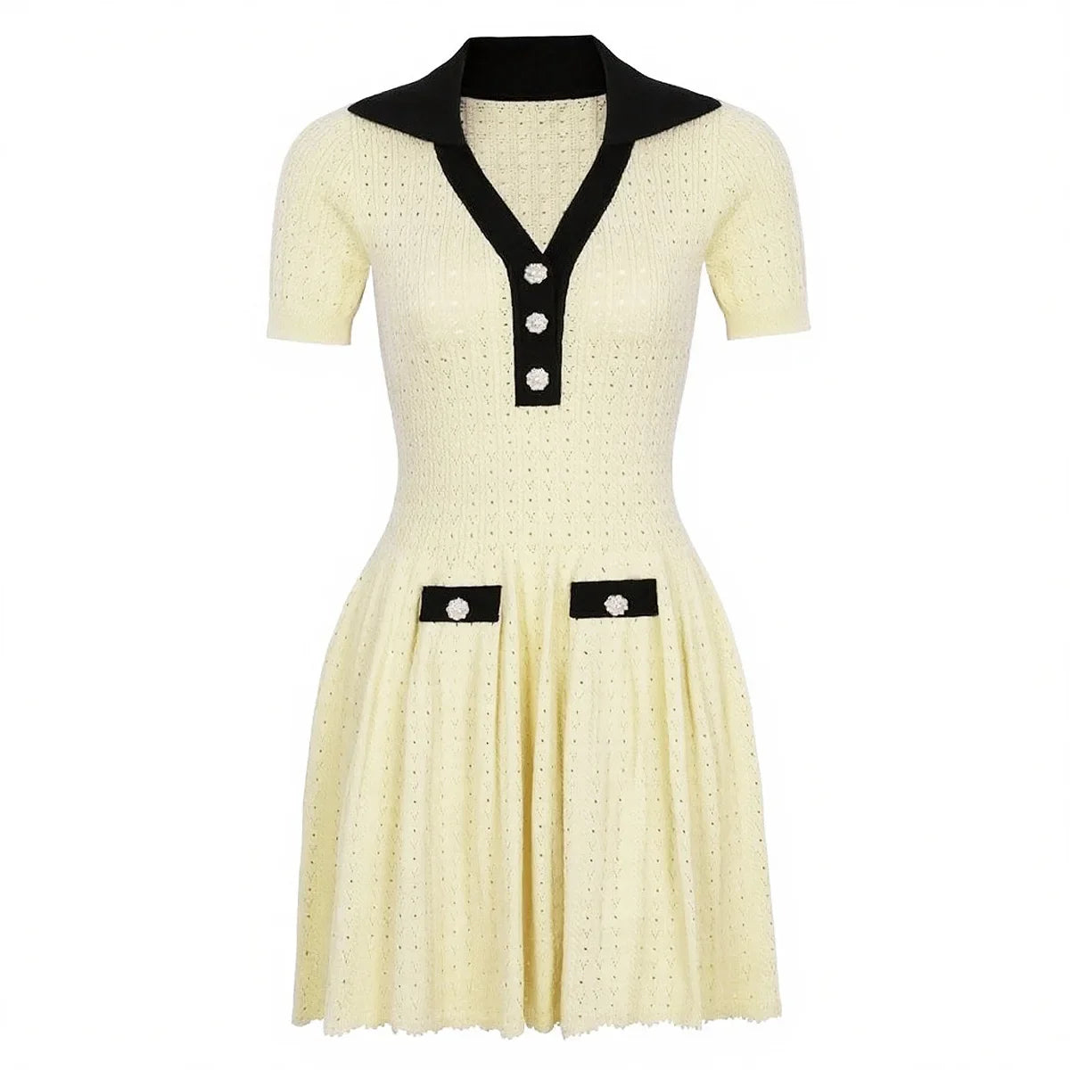 Contrast Trim Button Knit Collar Mini Dress