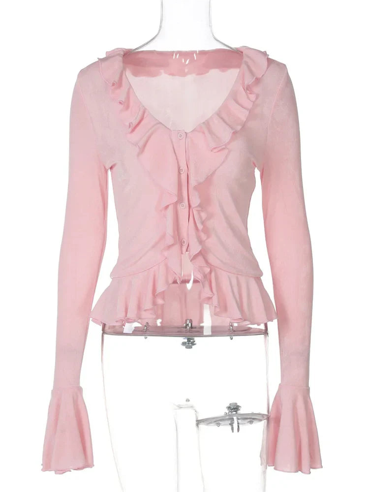 V-Neck Ruffled Long Sleeve Top