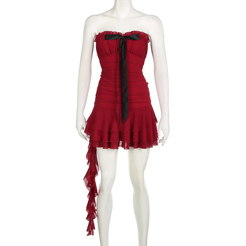Red Tube Ruched Bow Mini Dress