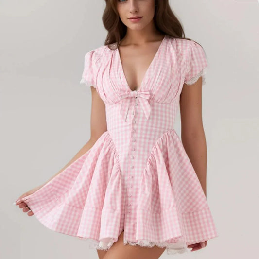 Pink Plaid Lace Corset Style Mini Dress