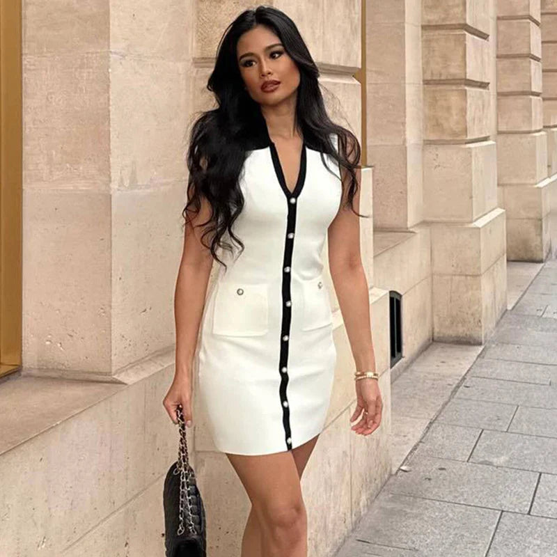 White Contrast Buttoned Collar Mini Dress