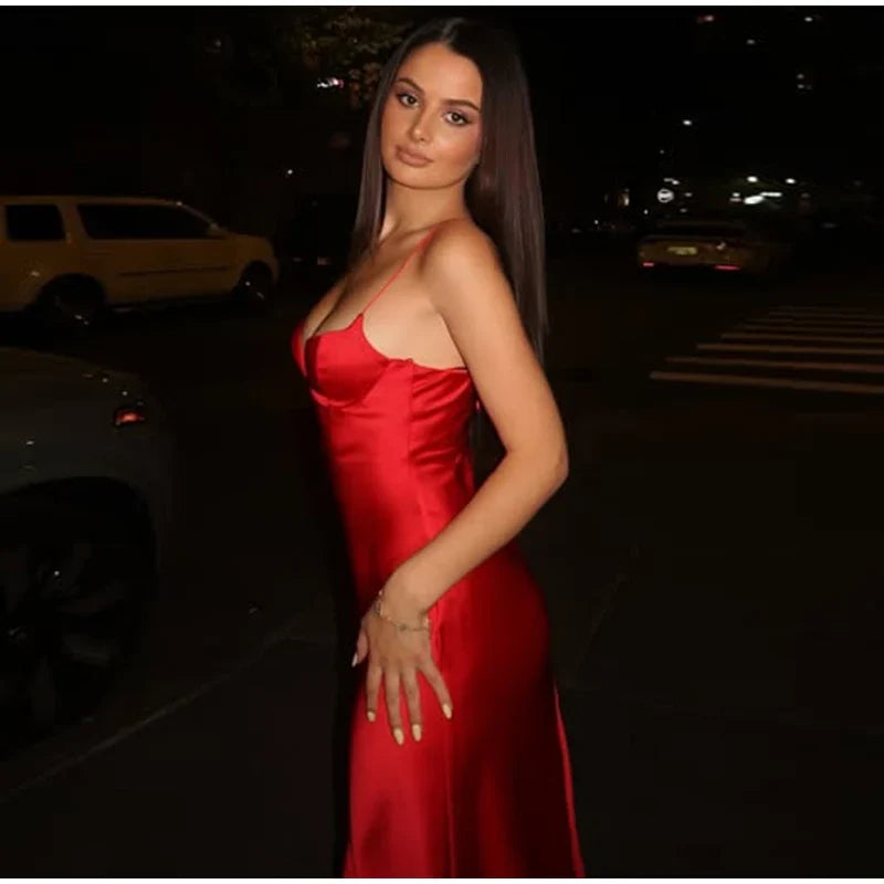 Satin Solid V-neck Strap Maxi Dress