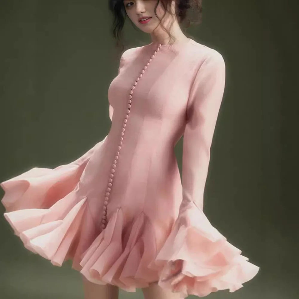 Frill Buttoned Long Sleeve Midi Dress