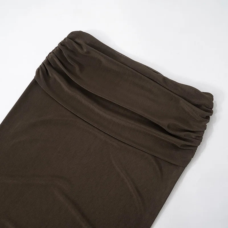 Brown Mesh Corset Bodysuit And Maxi Skirt Set