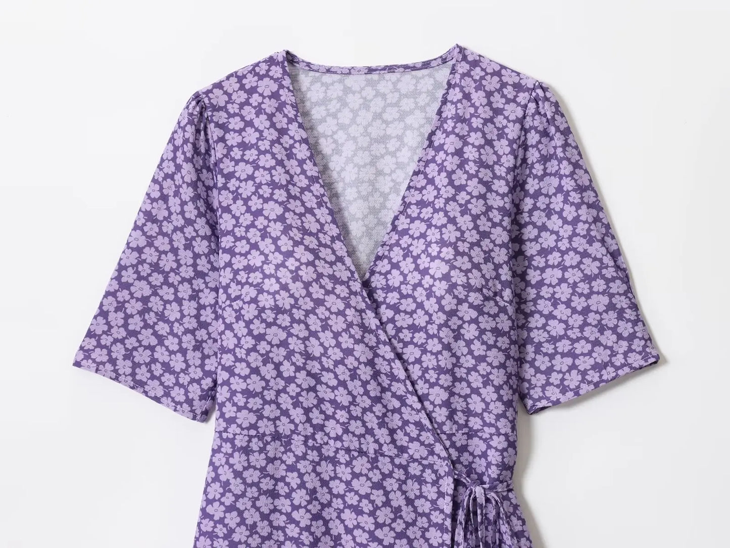 Purple Daisy Flower Print Short Sleeve Wrap Mini Dress