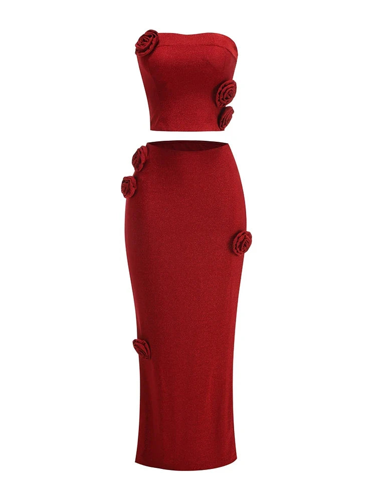 Red Flower 3d Tube Top And Maxi Skirt Two Piece Set
