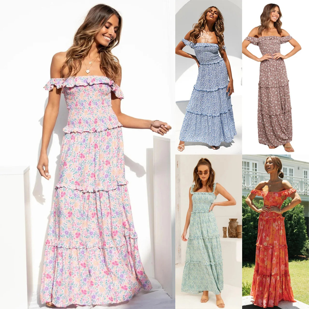 Flowers Print Off Shoulder Long Dress