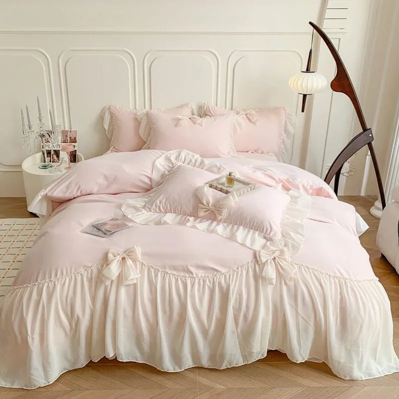 Korean Princess Lace Bedding Set Beautiful Solid Color Lace Pleated Duvet Cover Luxury Girl Wedding Home Textile Bed Sheet Cover