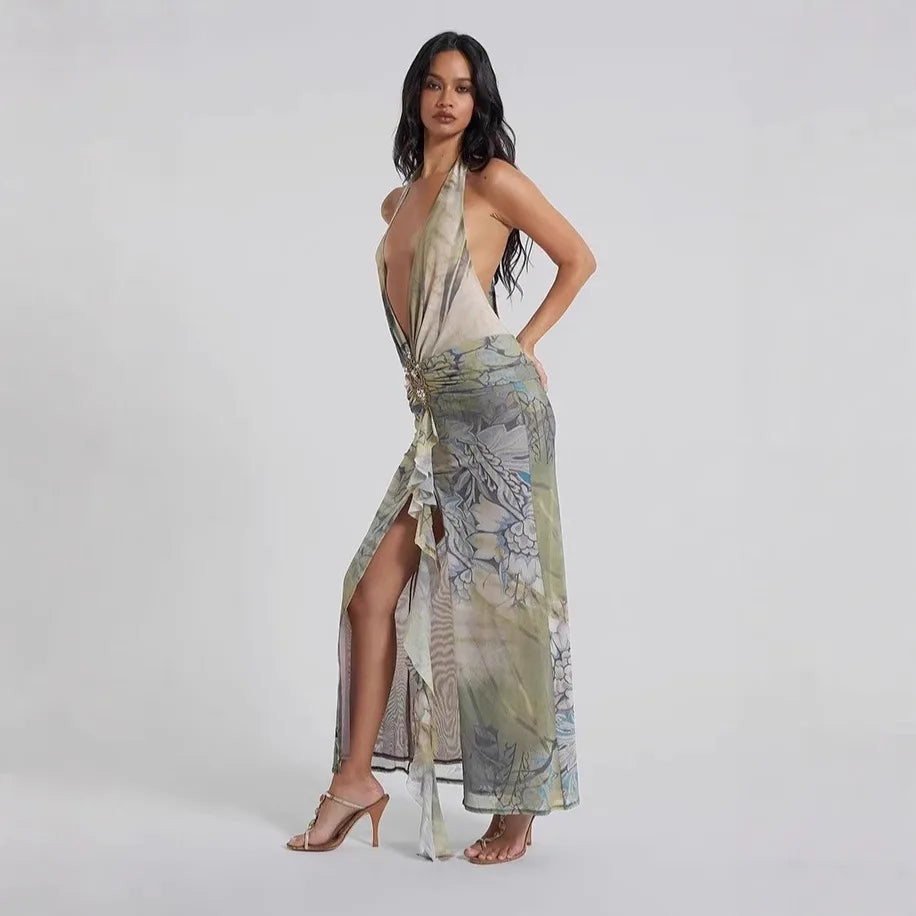 Printed Deep V-neck Maxi Dress