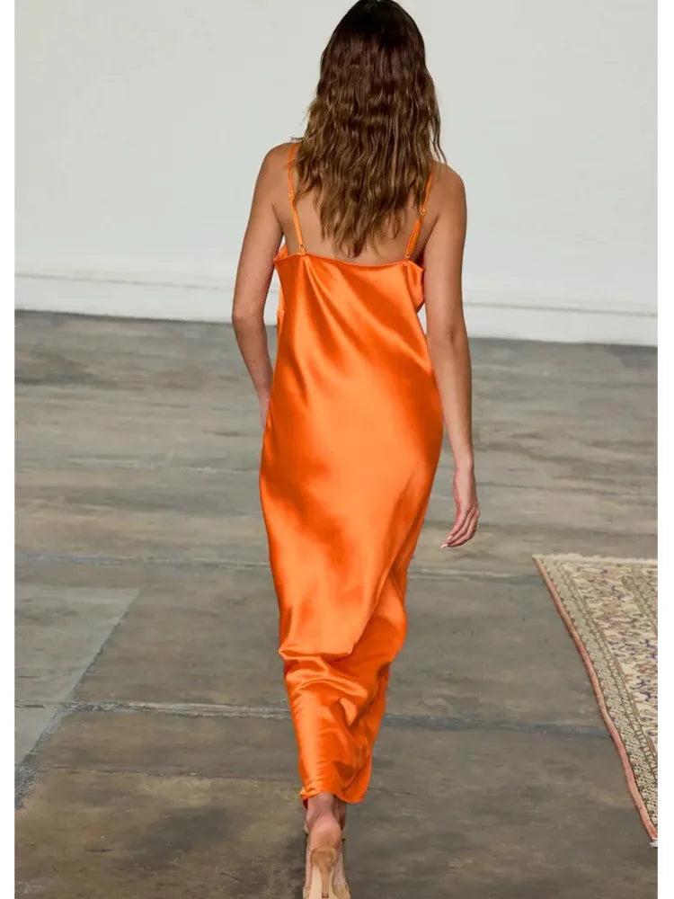 Strap Satin V-neck Long Dress