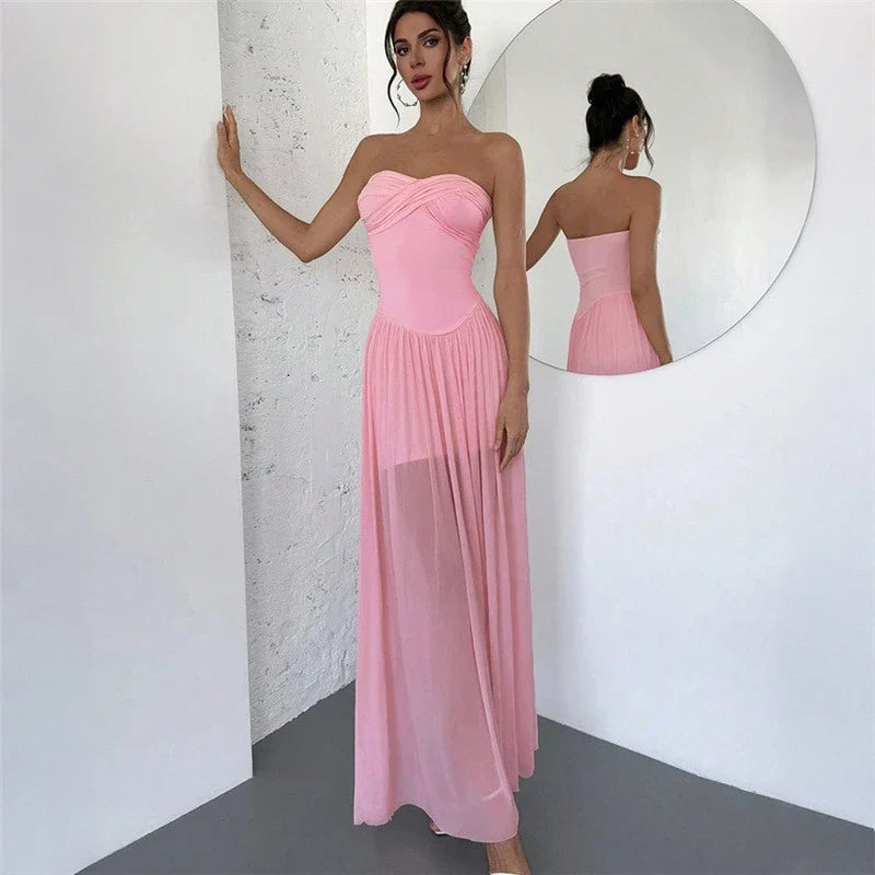Pink Strapless Mesh Maxi Dress