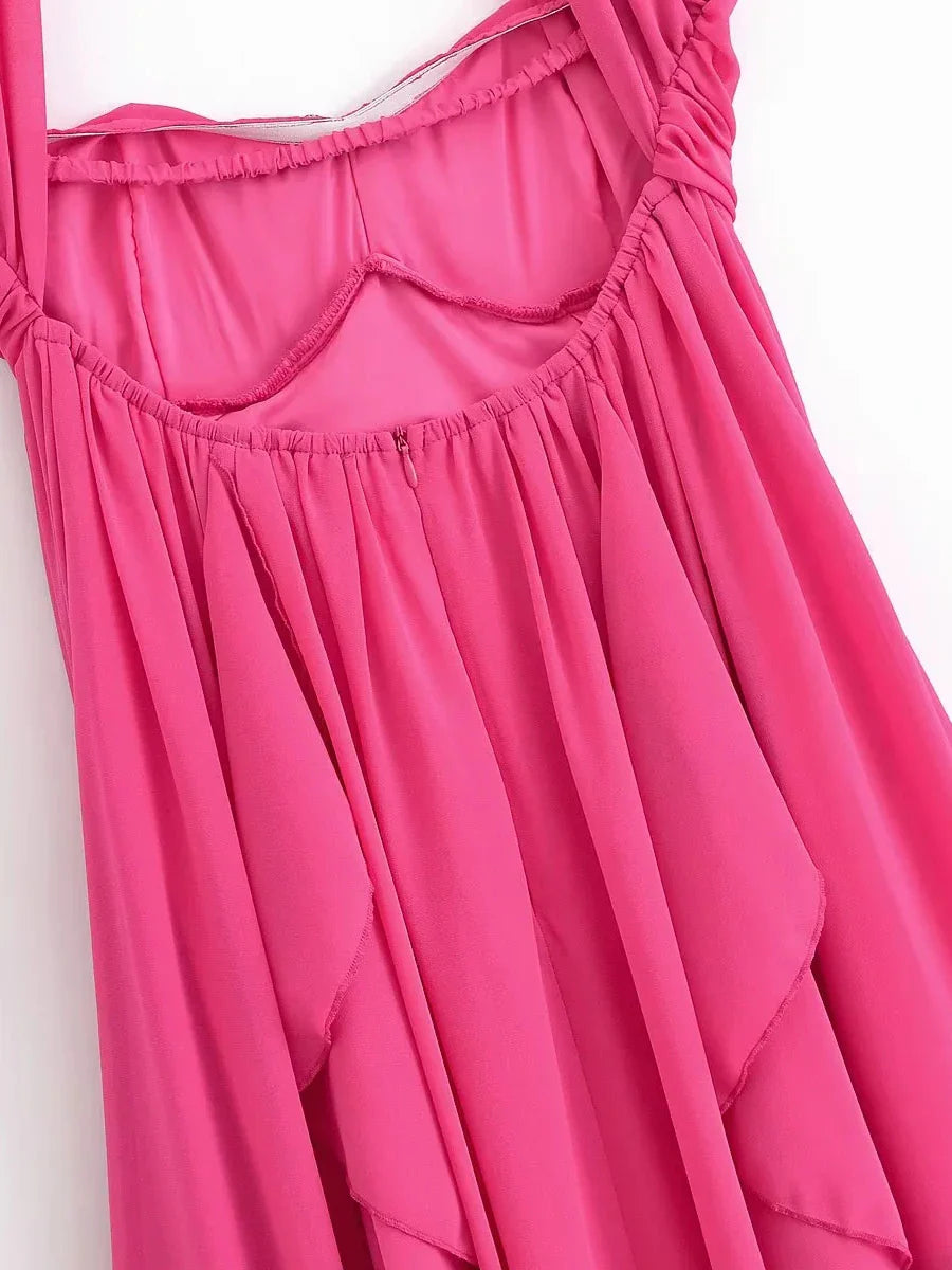 Pink Halter Ribbon Ruffles Frill Midi Dress