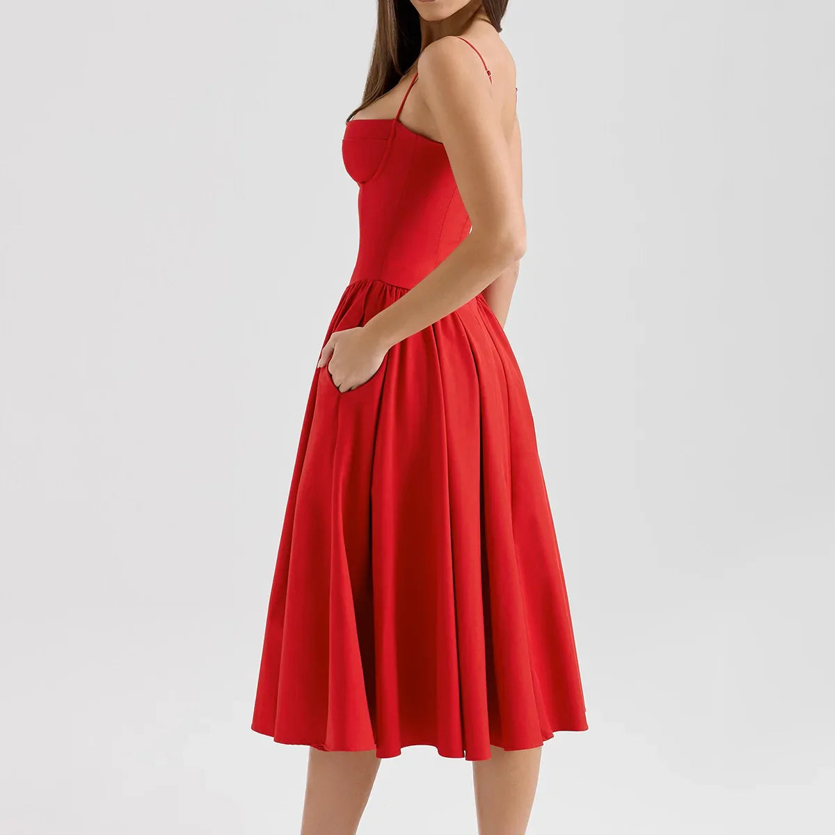 Solid Spaghetti Strap Bustier Pleated Midi Dress