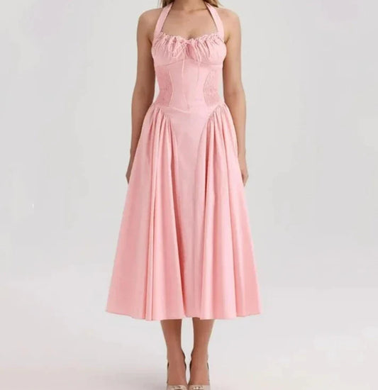 Pink Halter Drawstring Midi Dress