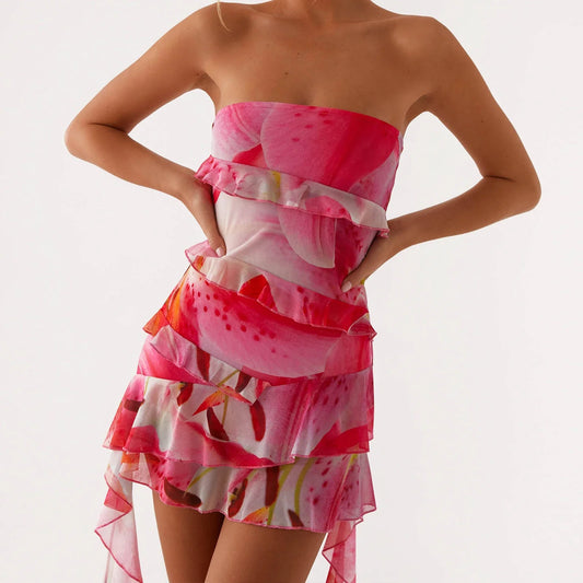 Ruffles Printed Tube Mini Dress