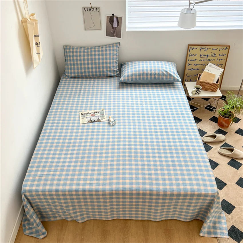100% Pure Cotton Bedsheet 1pc Flat Sheets Nordic Grid Pattern Bed Sheet Soft Comfort Home Textile Without Pillowcase Multi-Size