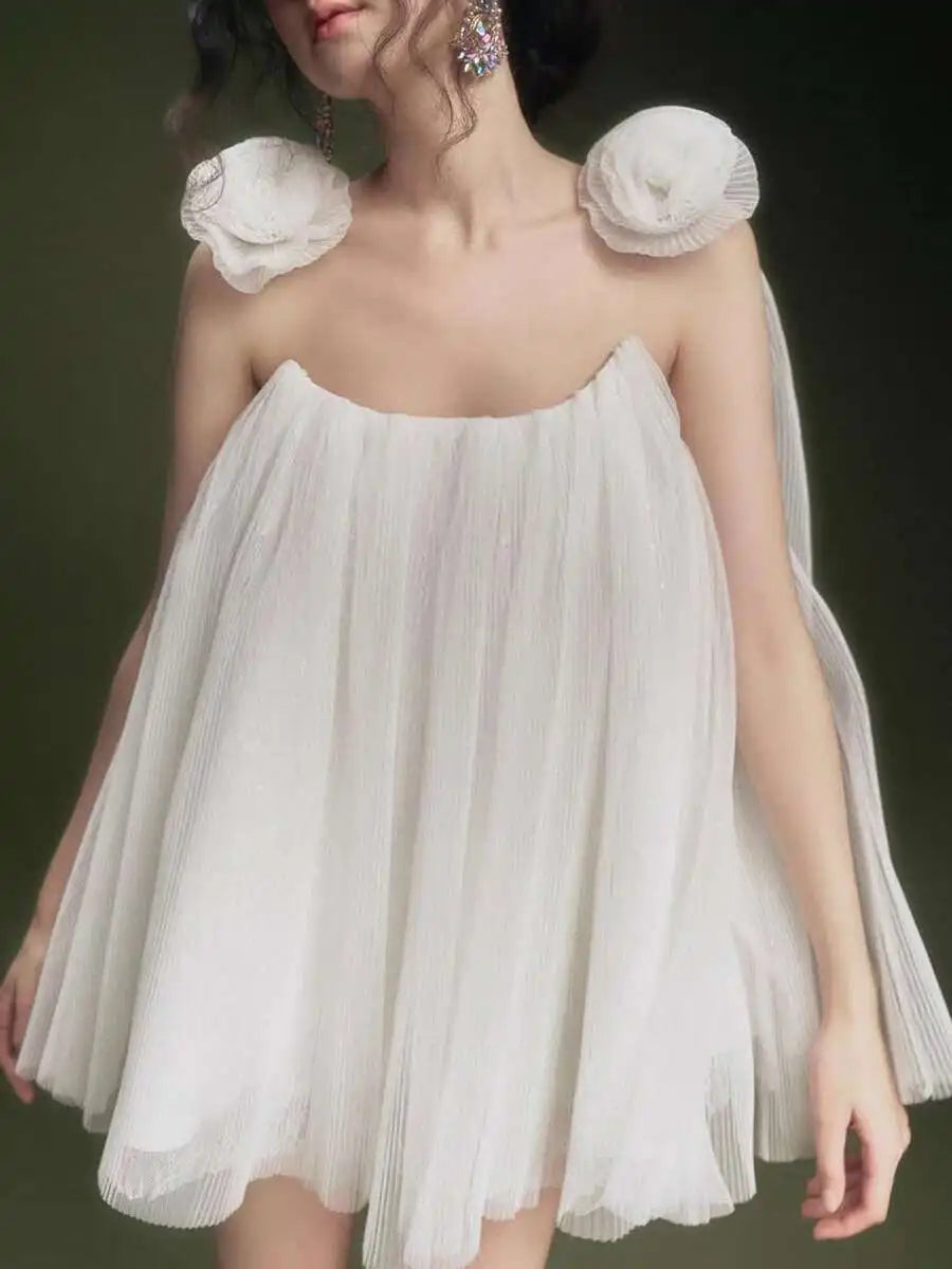 White Mesh Flower Appliqués Frill Mini Dress