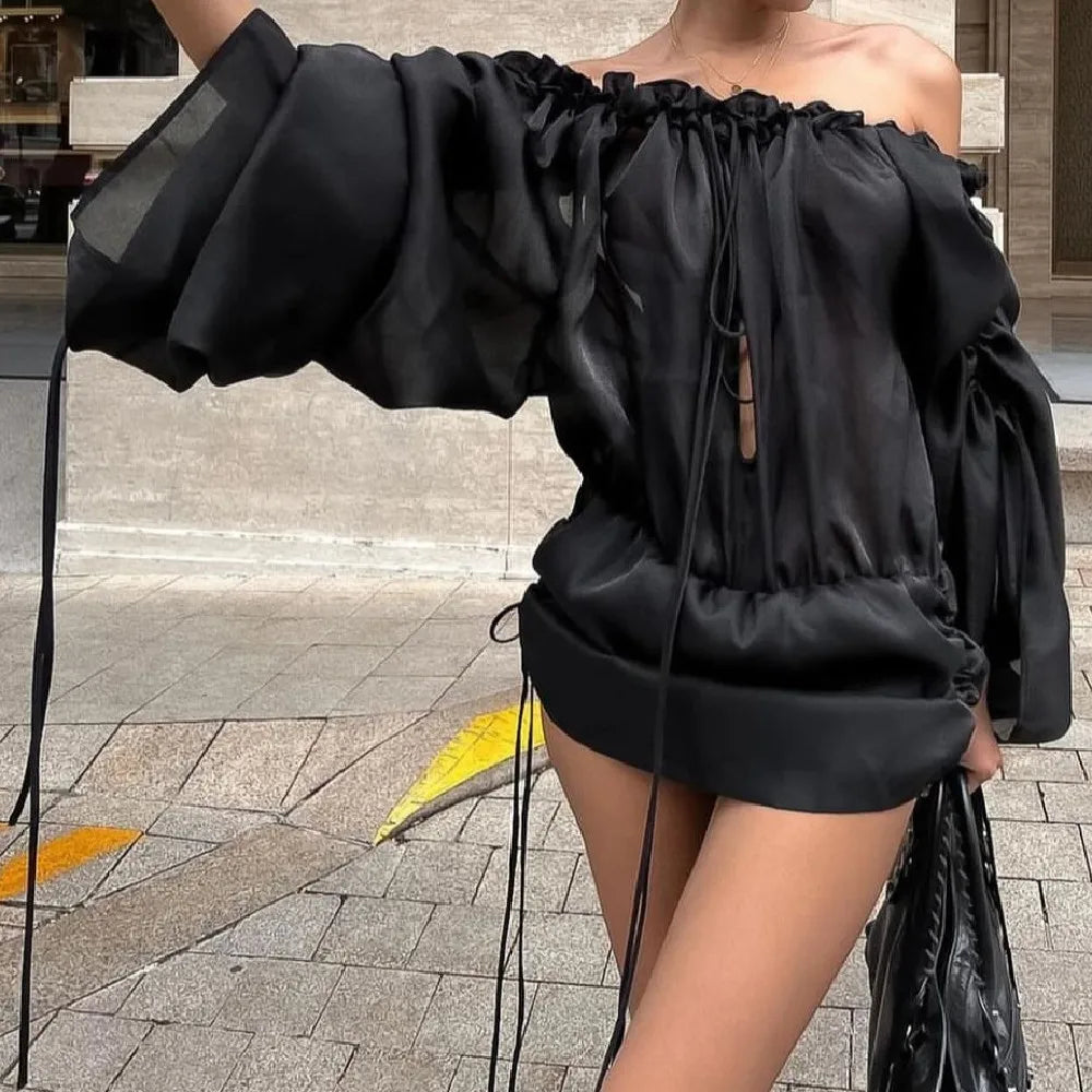 Mesh Long Sleeve Drawstring Chiffon Off Shoulder Mini Dress